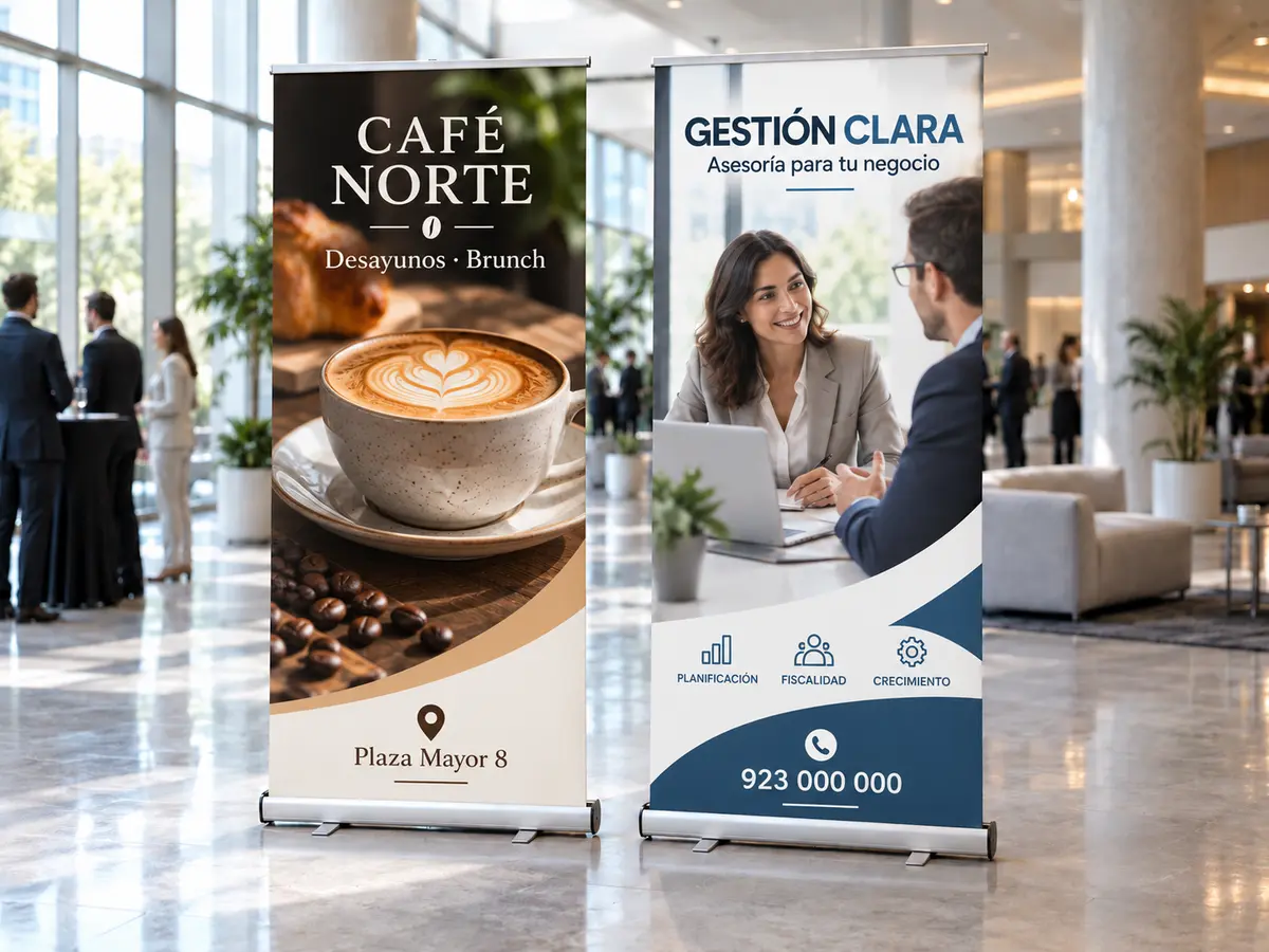 Dos roll-ups publicitarios completos en un evento profesional