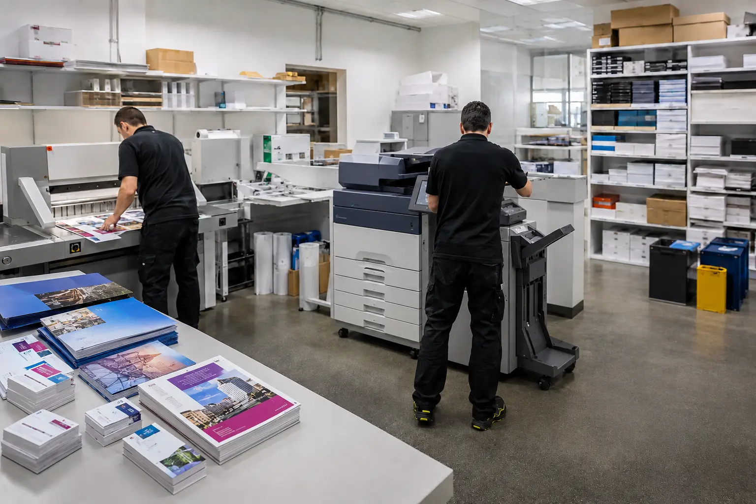 Producción de folletos, carpetas y tarjetas en una imprenta digital