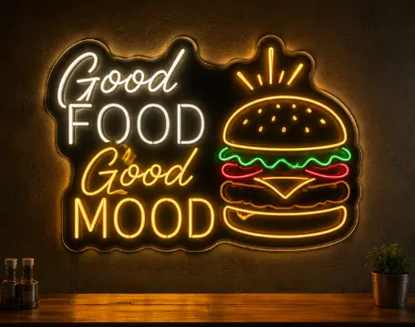 Neón decorativo Good Food Good Mood con una hamburguesa para hostelería