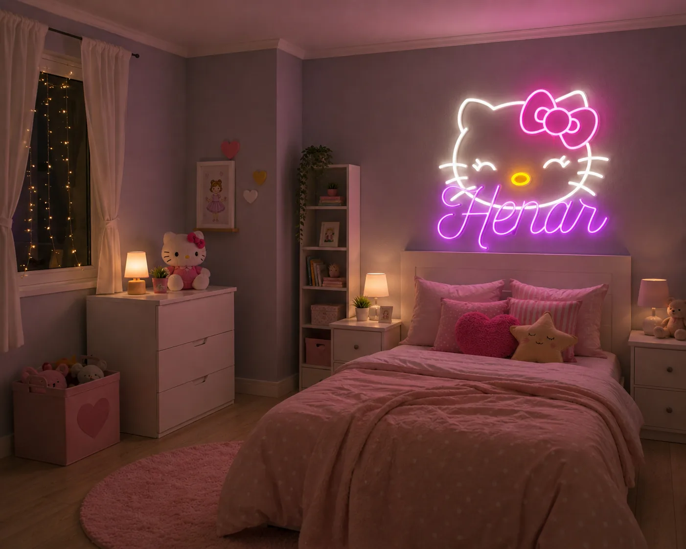 Neón personalizado con un personaje infantil y el nombre Henar iluminando un dormitorio infantil